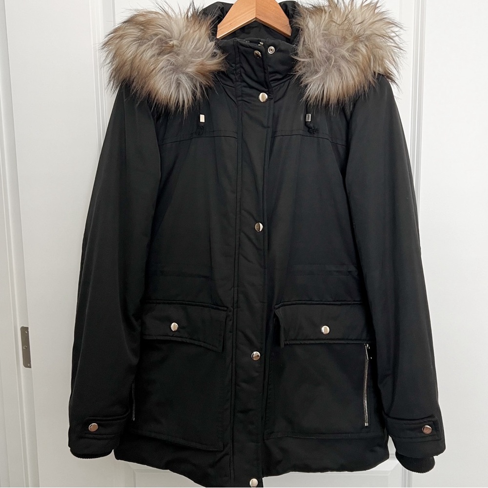Topshop Black Parka with Hood and Removable Faux Fur Trim Size US 10